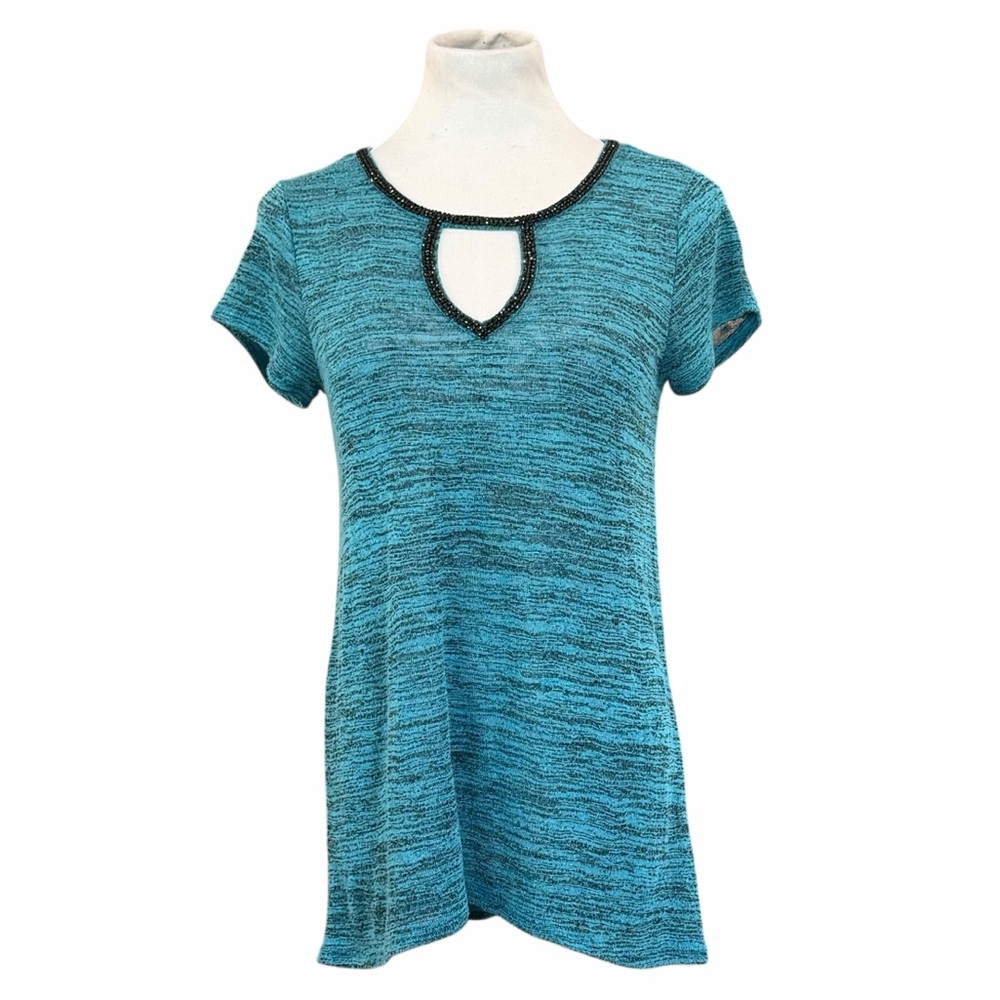Juicy Couture Teal Beaded Collar Keyhole Knit Short Sleeve Blouse - Size Small